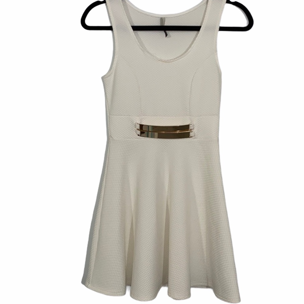 White midi dress with gold “belt”